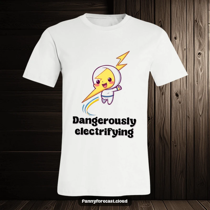 Funny t-shirt depicting a mischievous lightning bolt character zipping by with a vibrant, playful streak of energy.