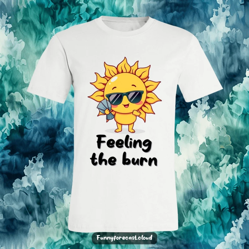 Funny T-Shirt: A sun character in sunglasses comically fanning itself, embodying summer heat and humor.