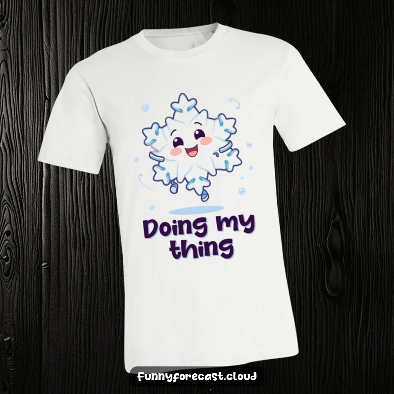 Funny t-shirt showcasing a delighted snowflake character in a wild, dizzy spin, capturing pure winter joy and movement.