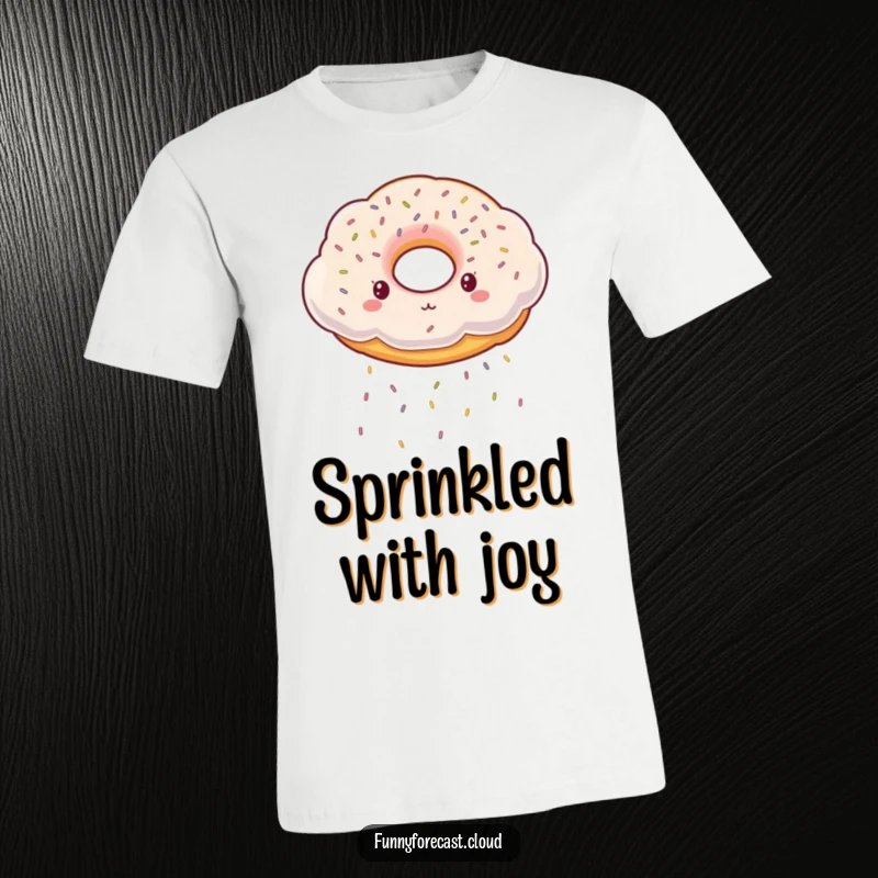 Funny T-Shirt: A fluffy cloud, perfectly shaped like a donut, showering the world with tiny, cheerful sprinkles.