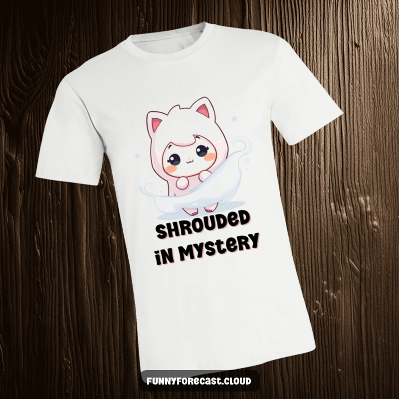 Funny t-shirt depicting a fog character playfully peeking from a misty swirl, evoking a sense of fun mystery.