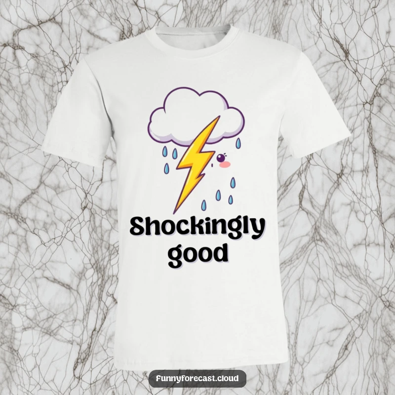 Funny kawaii lightning bolt playfully zapping near a smiling cartoon rain cloud on a comfortable tee.