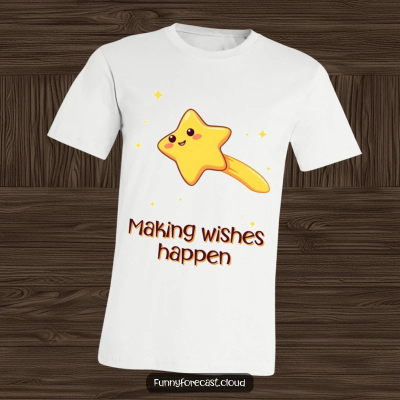 Funny kawaii shooting star character t-shirt, zooming with a trailing giggle, whimsical and magical design, great for wishers.