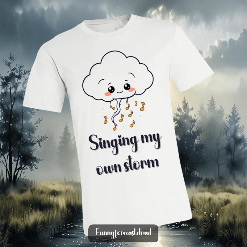 Funny kawaii thundercloud character t-shirt, emitting small, happy musical notes, joyous and melodic design, great for music fans.
