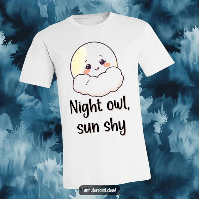 Funny moon character peeking playfully from behind a soft cloud, smiling sweetly, ideal for a comfortable t-shirt.