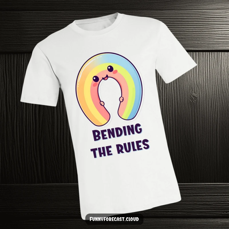 Funny cheerful kawaii rainbow character contorted into a silly shape. A humorous and colorful t-shirt for fun lovers.