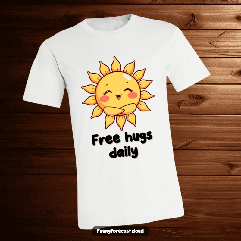 Funny t-shirt with a sun character giving a big warm hug, radiating cheerful light and happiness.