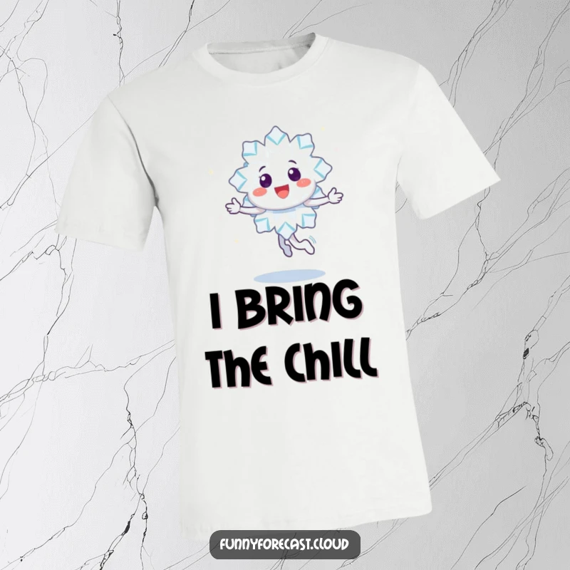 Funny t-shirt showing a happy snowflake character doing a joyful twirl, leaving a trail of sparkles, a great gift.