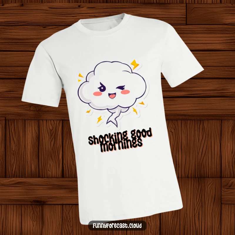 Funny t-shirt showing a cute thundercloud character winking mischievously as playful lightning bolts zip around, a great gift.
