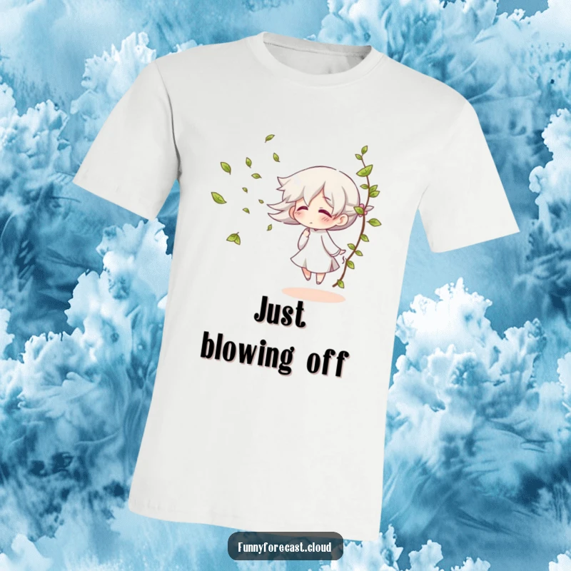 Funny t-shirt with a giggling wind character blowing leaves, conveying lightheartedness and joy.