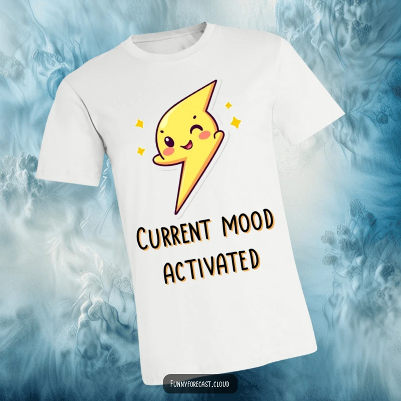 Funny t-shirt featuring a lightning bolt character zipping across with a cheeky wink, symbolizing speed, energy, and vibrant personality.