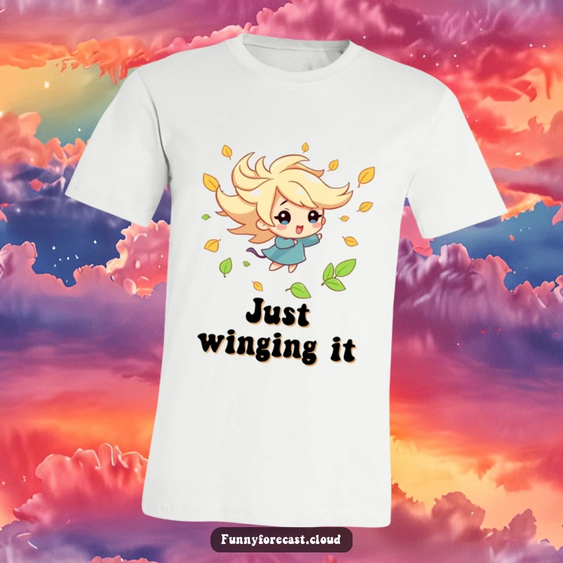 Funny kawaii wind character t-shirt, playfully swirling autumn leaves, cheerful and energetic design, great for fall lovers.