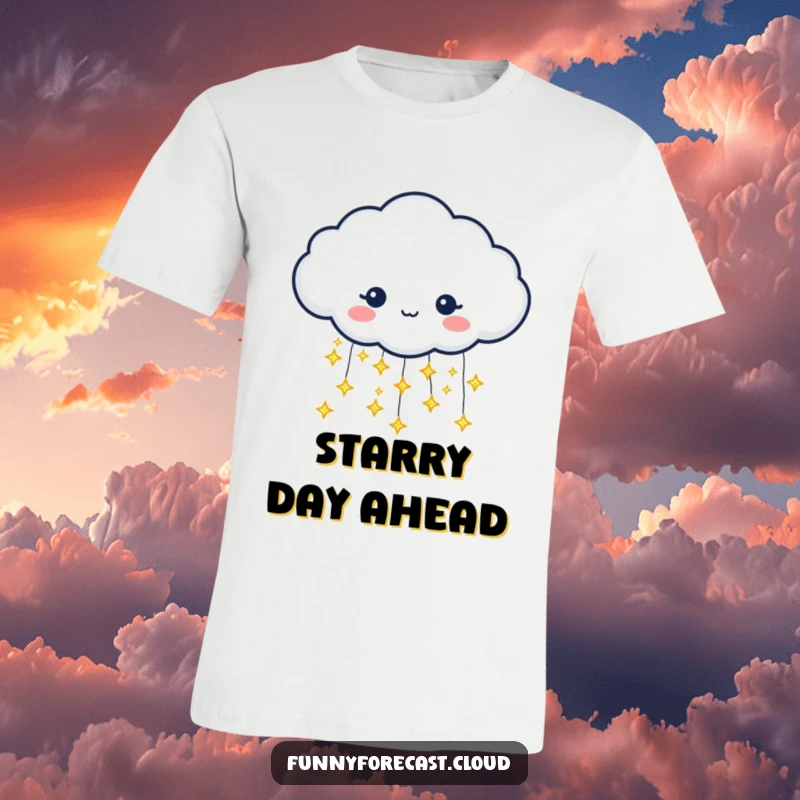 Funny t-shirt depicting a rain cloud character releasing tiny, glittering stars instead of raindrops. Whimsical design.