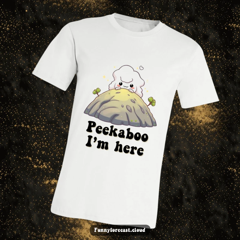 Funny t-shirt: A sneaky fog creature peeking from behind a hill, embodying playful mischief.