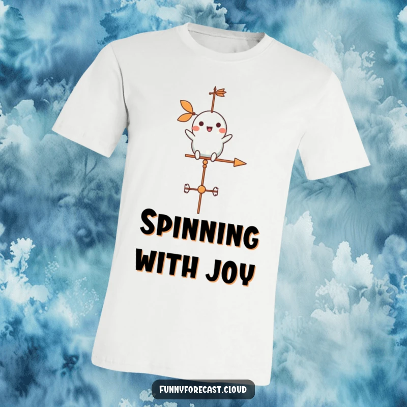 Funny weather vane character cheerfully spinning in a gentle breeze on a t-shirt, symbolizing freedom and fun.