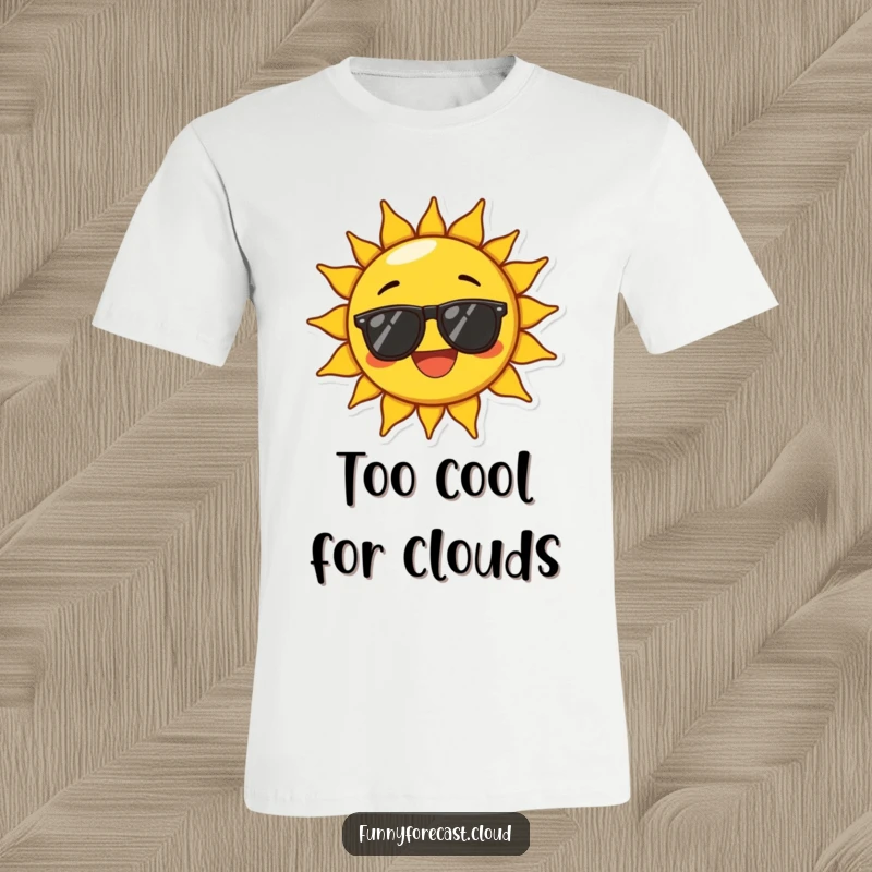 Funny t-shirt graphic of a sun character wearing sunglasses, beaming with exaggerated joy, perfect for spreading happiness and good vibes.