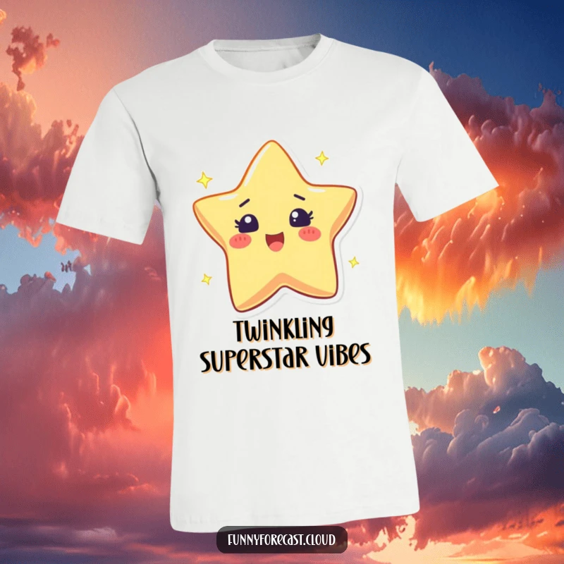 Funny t-shirt depicting a star character twinkling with an excited sparkle, full of energetic glee.
