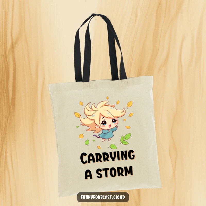 Funny kawaii wind character tote bag, playfully swirling autumn leaves, cheerful and practical accessory, great funny gift.