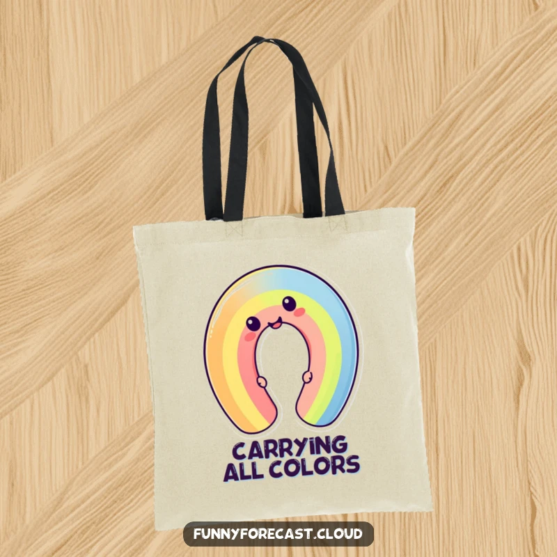 Funny cheerful kawaii rainbow character bending into a silly pose. A humorous and practical tote bag.