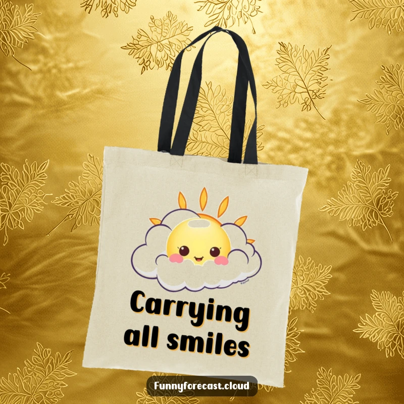 Funny kawaii sun peeking out from a swirling, giggling cloud, a humorous and cheerful tote bag.