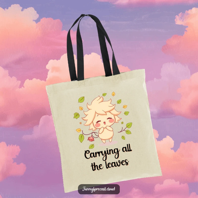Funny tote bag featuring a rosy-cheeked wind character in mid-action, playfully blowing a swirling vortex of colorful leaves.