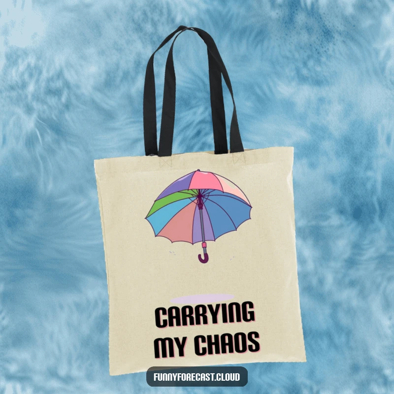 Funny dancing umbrella comically spinning out of control in a gentle breeze, a humorous and practical tote bag design.