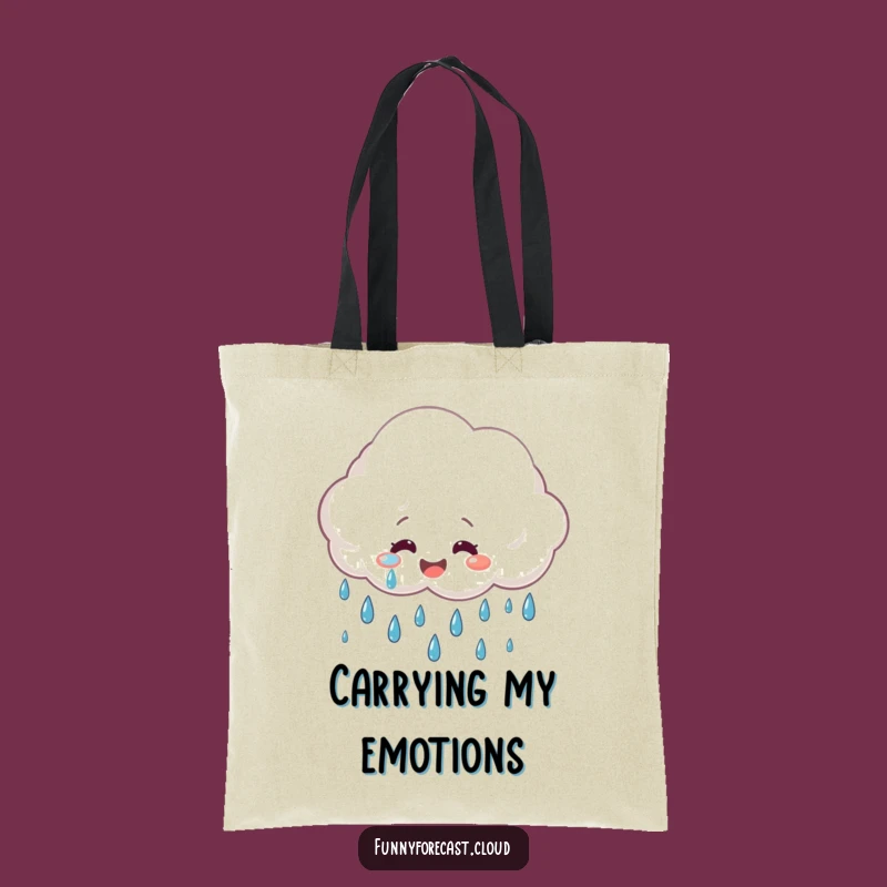 Carry your essentials with a smile using this funny tote bag showing a happy rain cloud. Practical and dripping with positivity.