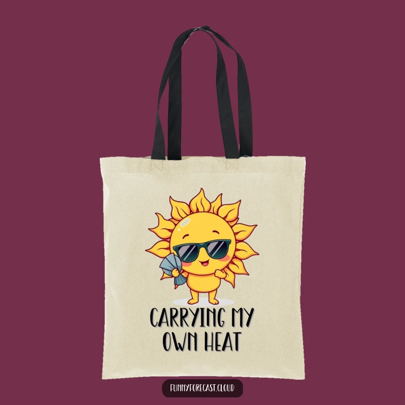 Carry your sunshine and essentials with this funny tote bag showing a sun character fanning itself. Stylish and humorous for daily adventures.