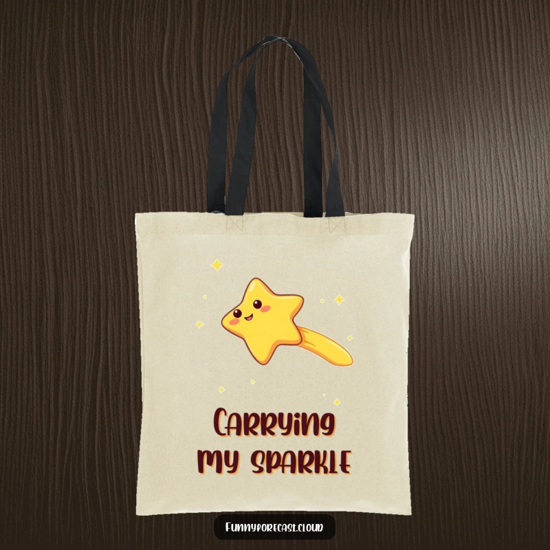 Funny kawaii shooting star character tote bag, zooming with a trailing giggle, charming and humorous celestial accessory.