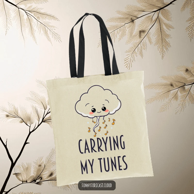 Funny kawaii thundercloud character tote bag, releasing tiny, happy musical notes, charming and practical accessory.