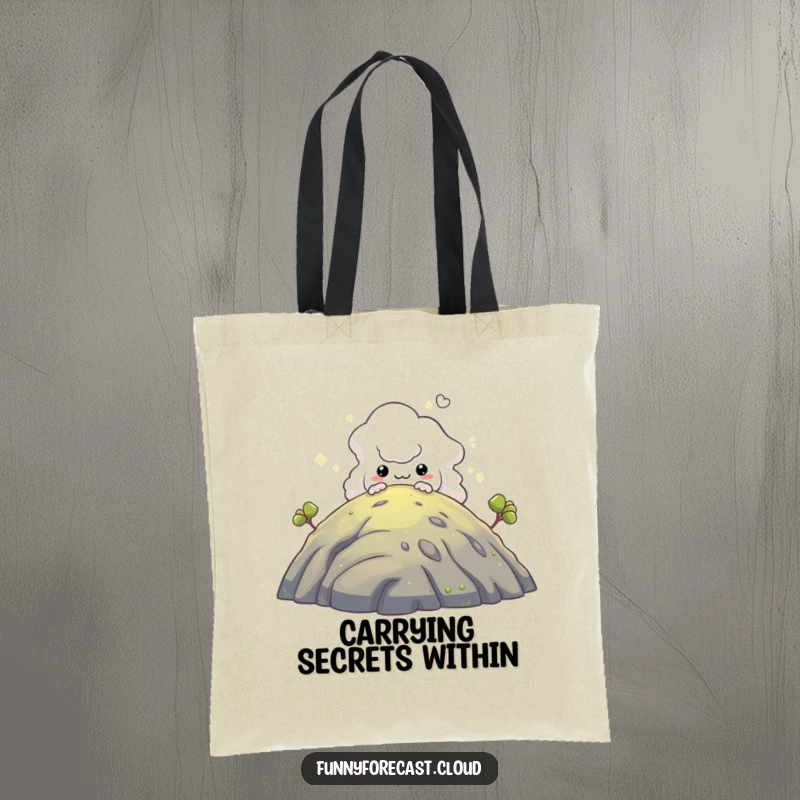 Funny tote bag: A sly fog creature peeking from behind a hill, perfect for carrying your mysterious belongings.