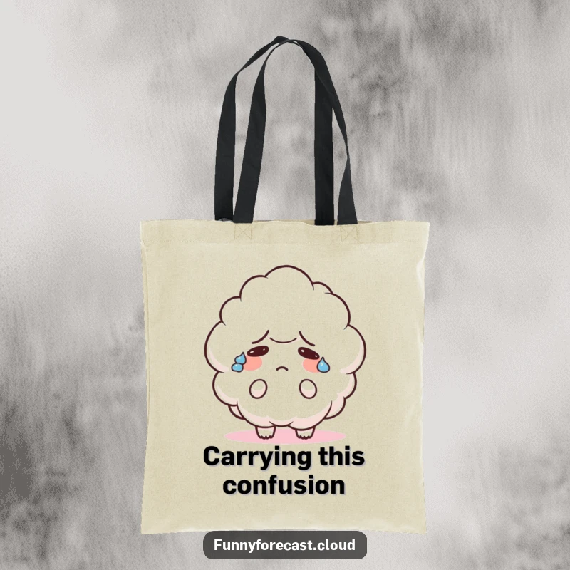 Funny tote bag featuring a cute cloud character sweating heavily and looking confused, perfect for carrying items with a humorous touch.
