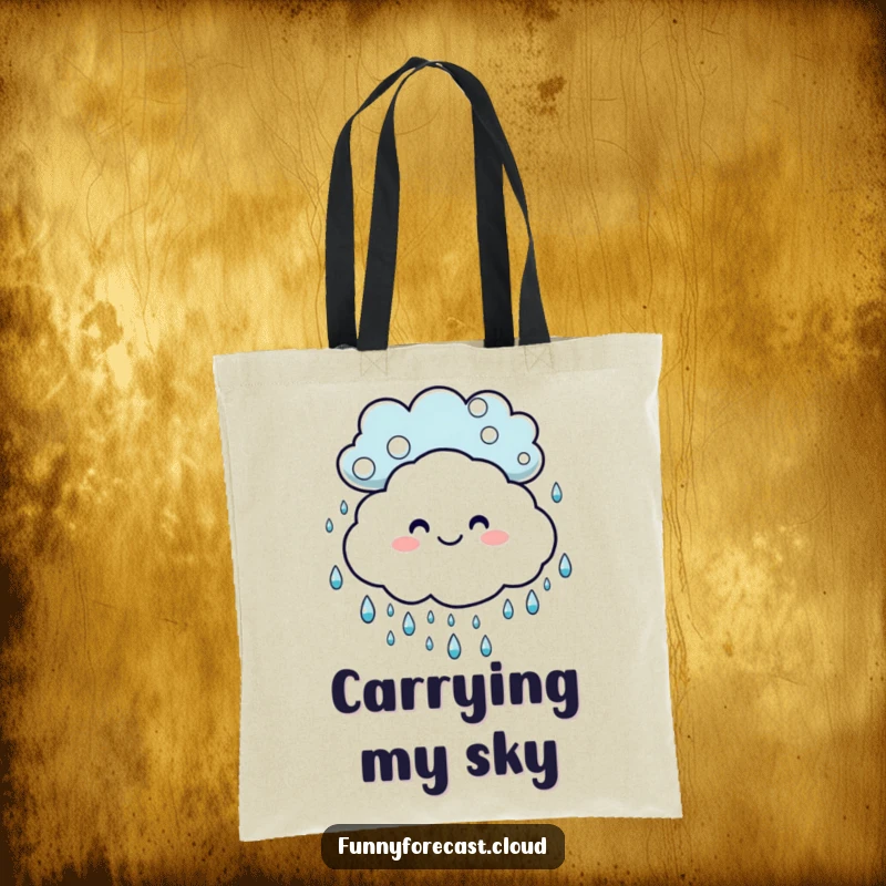 Funny tote bag: A smiling cloud watching over playful, dancing raindrops, perfect for sunny or rainy days.