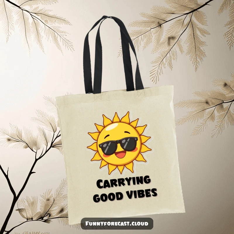 Funny tote bag featuring a sun character wearing sunglasses and beaming with exaggerated joy, perfect for carrying items with cheer.
