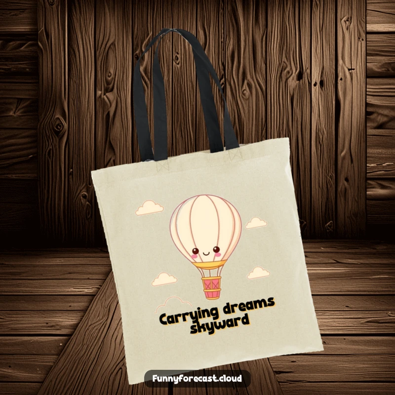 Funny Kawaii Hot Air Balloon Tote Bag featuring a cute character soaring through a beautiful sky, ideal for shopping.