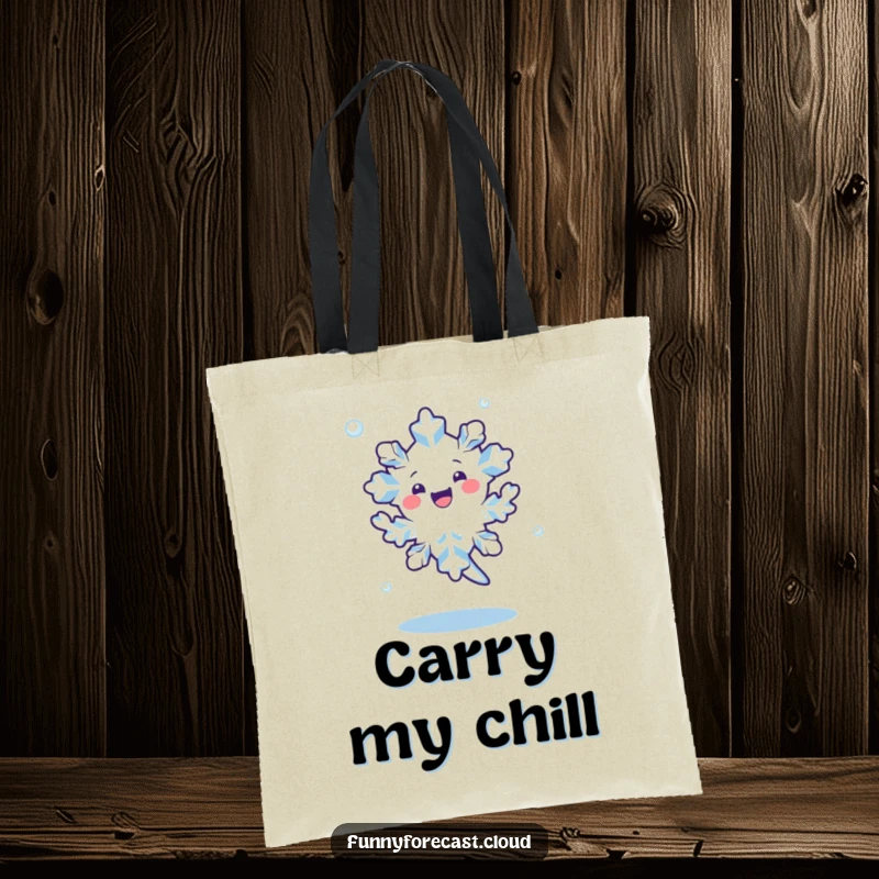Funny kawaii snowflake character performing a happy dance, spinning in the air on a stylish tote bag.
