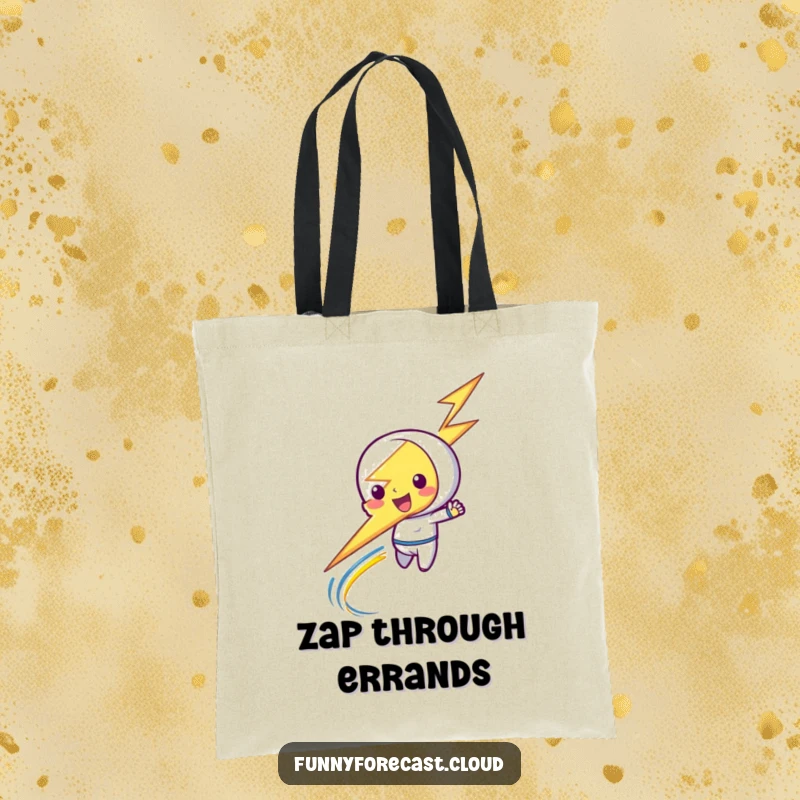 Funny tote bag illustrating a playful lightning bolt character zipping through, symbolizing speed and energetic style.