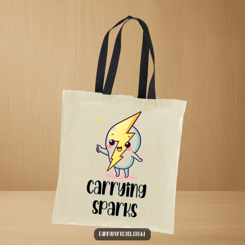 Funny cute lightning bolt character striking a whimsical zig-zag on a tote bag, ideal for carrying items.