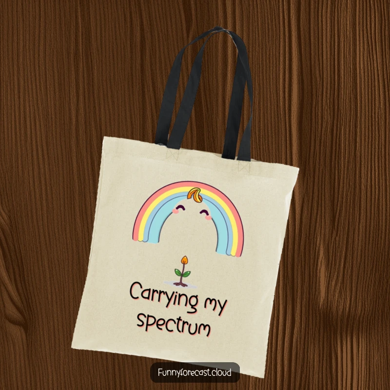 Funny tote bag with a striking rainbow character forming an arch above a tiny, startled sprout, perfect for eco-conscious humor.