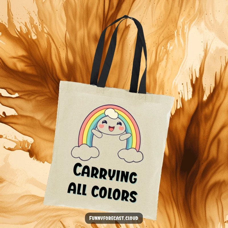 Funny tote bag with a cheerful smiling rainbow character arching across, perfect for carrying essentials with a bright and happy vibe.