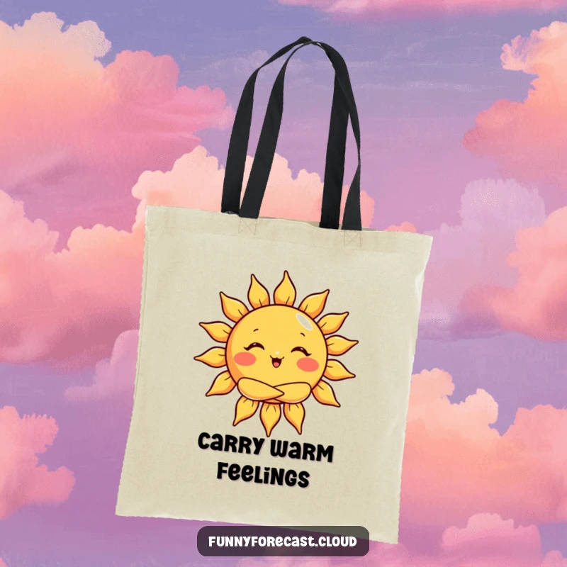Funny tote bag with a sun character giving a big warm hug, carrying sunshine and smiles.
