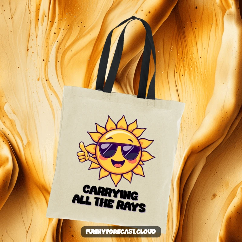 Funny tote bag featuring a smiling sun character in shades giving a thumbs-up, perfect for shopping and funny gift enthusiasts.