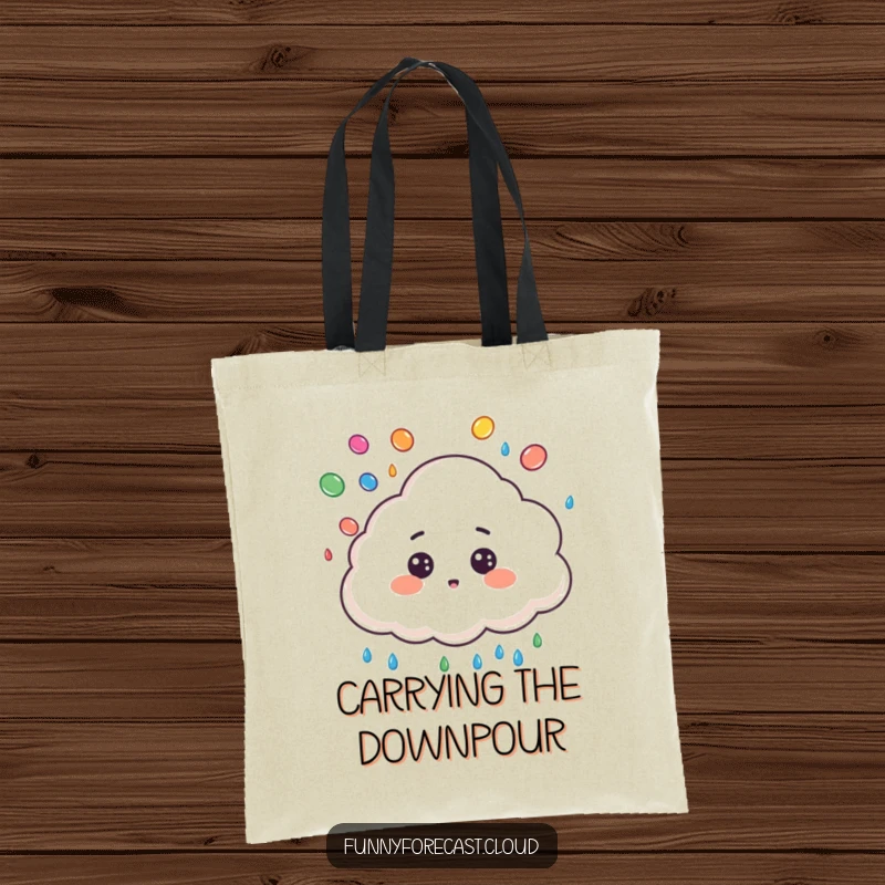 Funny tote bag with a cute cloud character, surprised expression, juggling colorful raindrops, ready for any adventure.