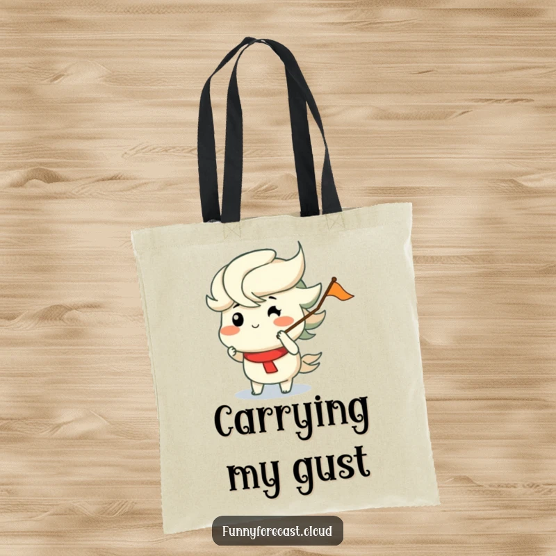 Funny tote bag showing a wind character with puffed cheeks blowing a flag, perfect for carrying essentials with a touch of humor.