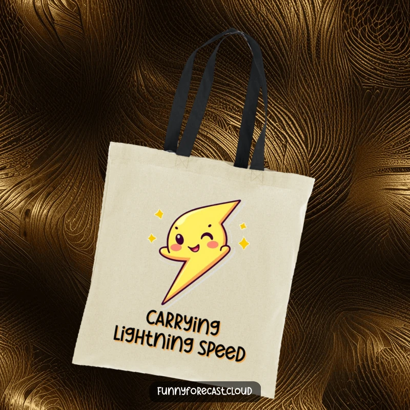 Funny tote bag featuring a lightning bolt character zipping past with a quick wink, perfect for carrying items with an energetic flair.
