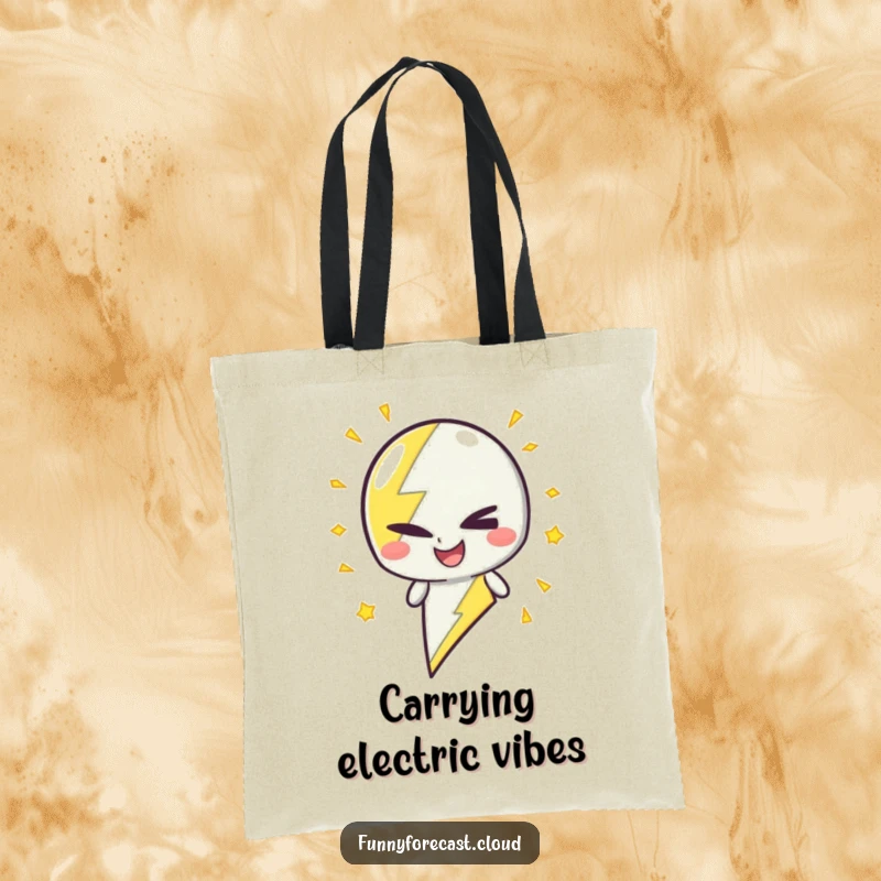 Funny Tote Bag: A lightning bolt character winking with crackling energy, perfect for carrying sparks.