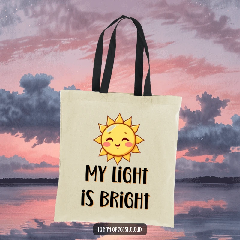 Funny cute kawaii sun character winking, shining a beam of light. A humorous and practical tote bag.