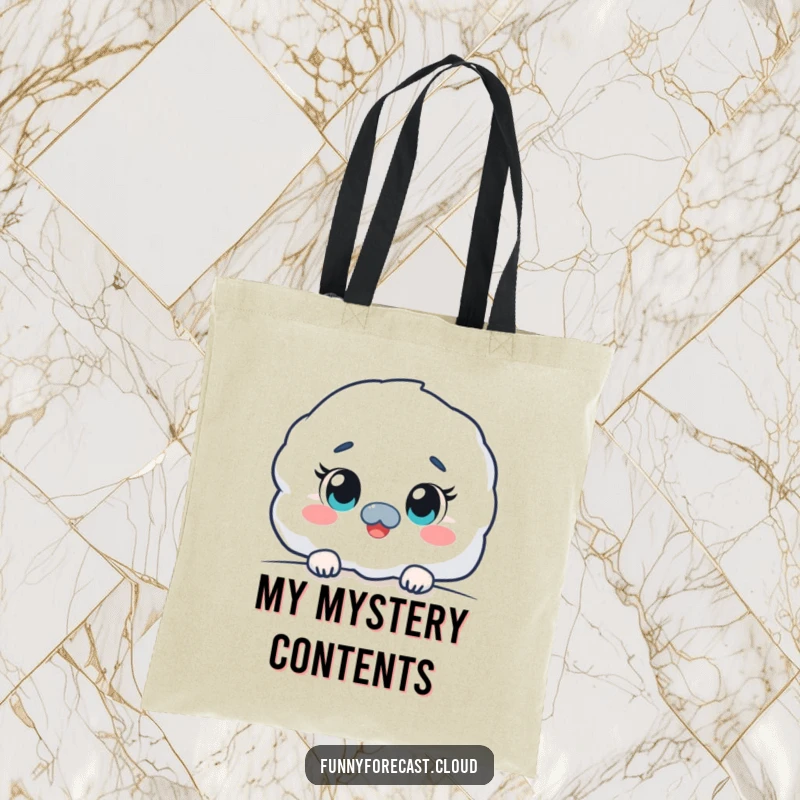 Funny kawaii fog character tote bag, peeking out with wide, curious eyes, mysterious and practical accessory.